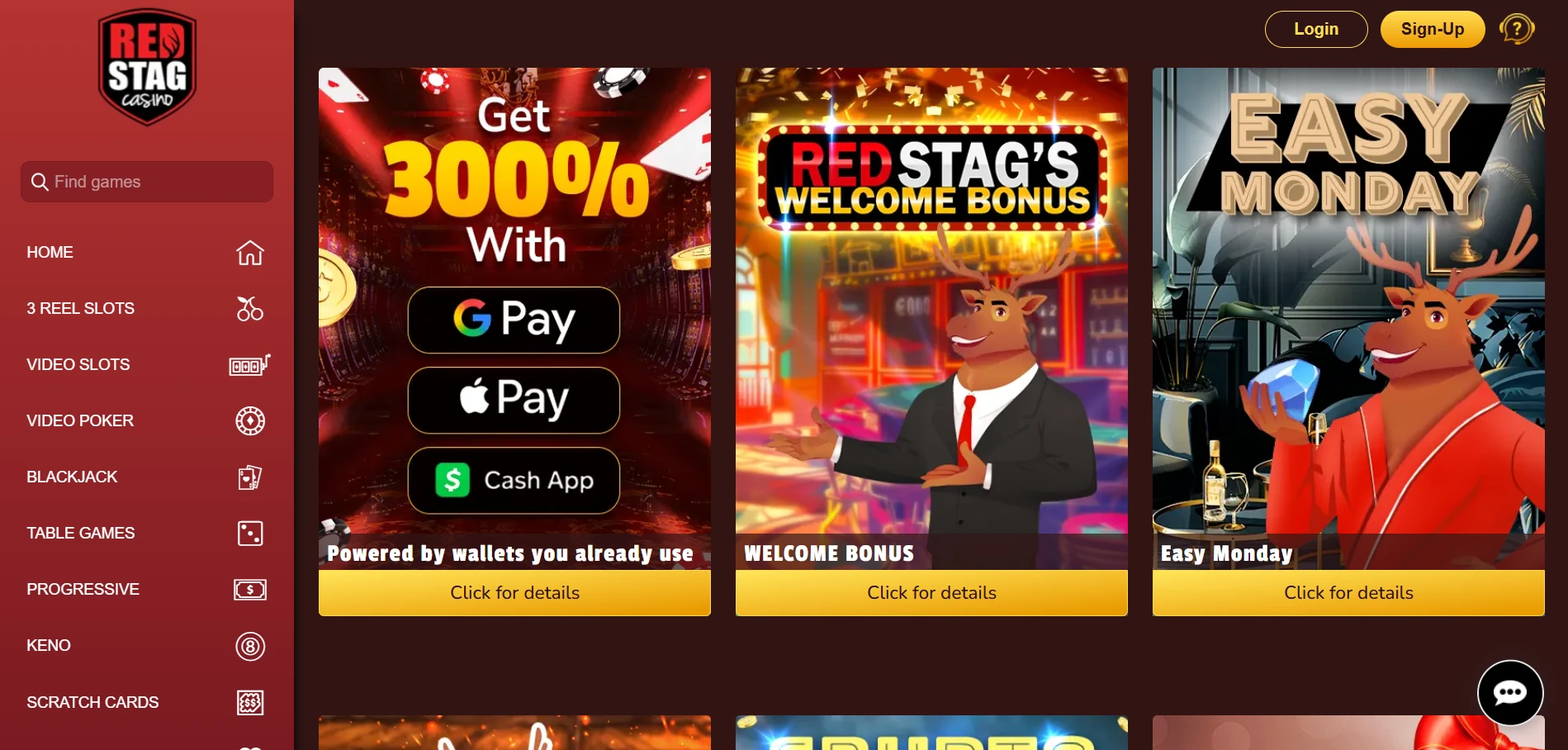 Red Stag Casino promotions page with the 300 percent wallet banner, the Welcome Bonus banner and Easy Monday