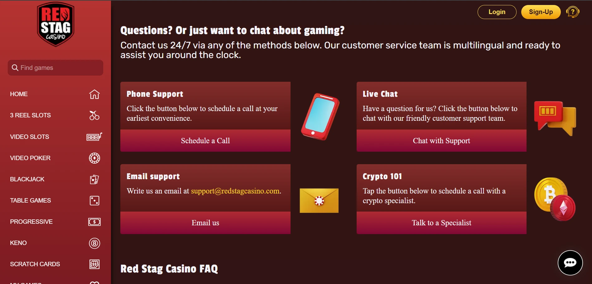 Red Stag Casino contact page with Phone Support, Live Chat, Email support and Crypto 101 cards