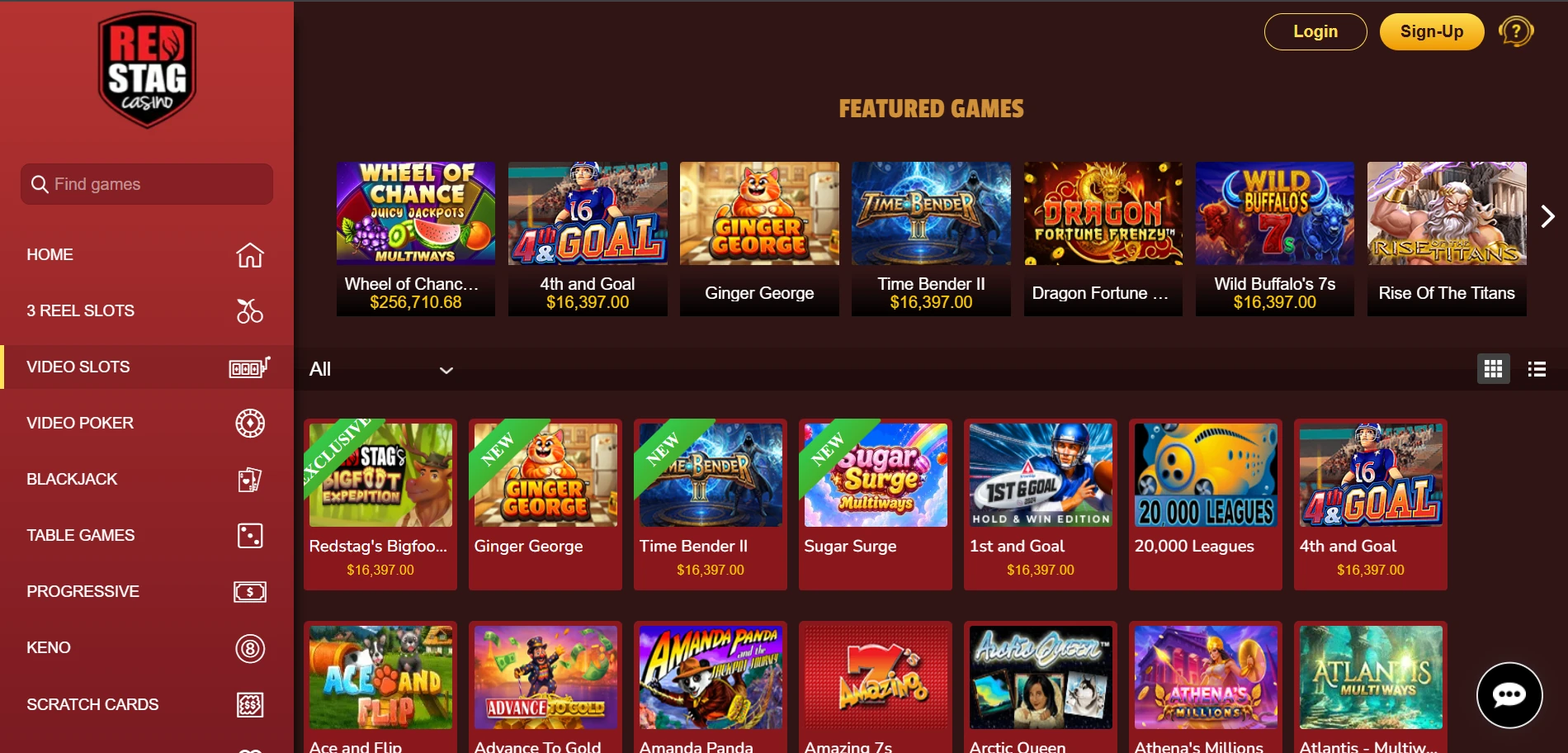 Red Stag Casino games lobby with the Featured Games row and the Video Slots grid showing Exclusive and New badges