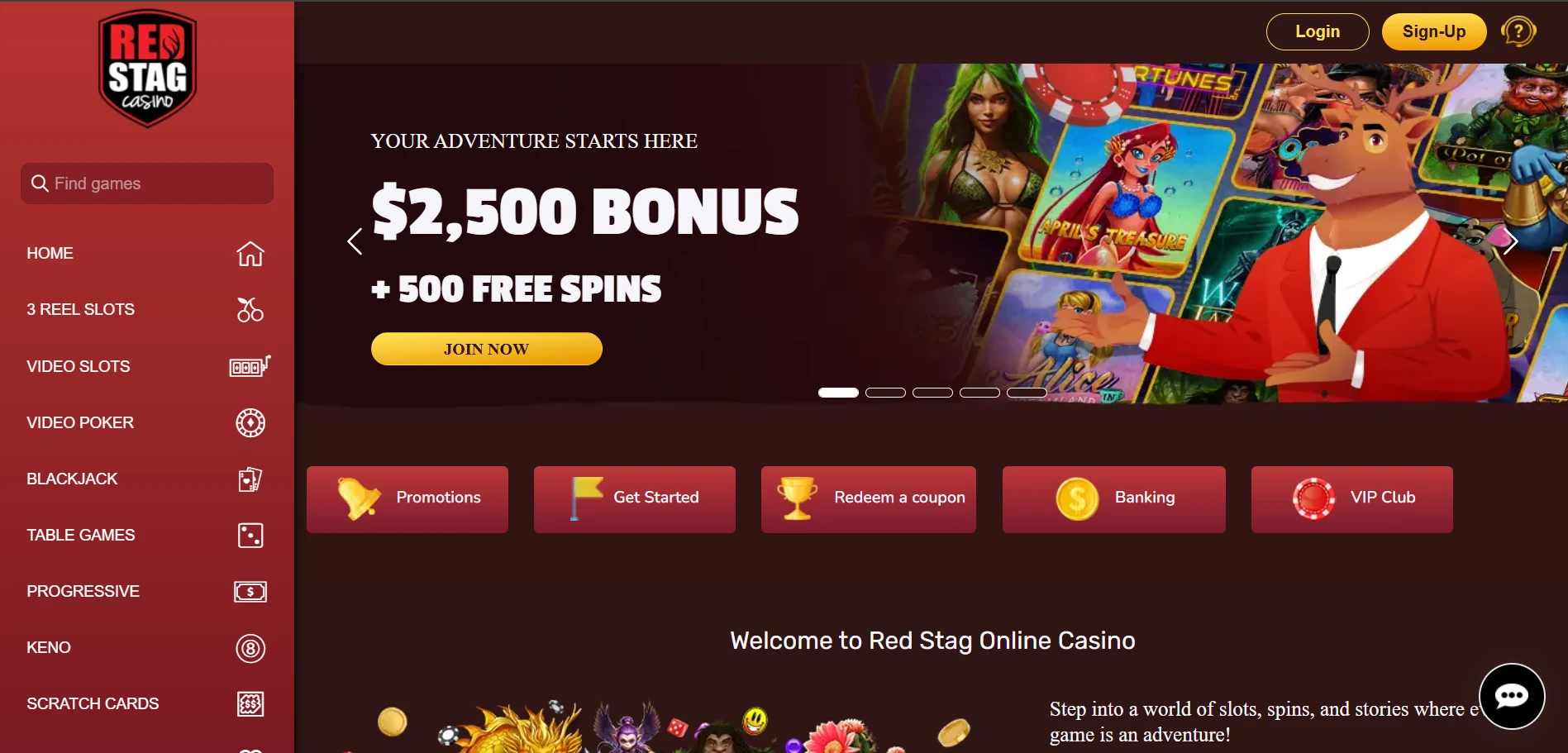 Red Stag Casino home page with the $2,500 bonus and 500 free spins banner and the game category sidebar