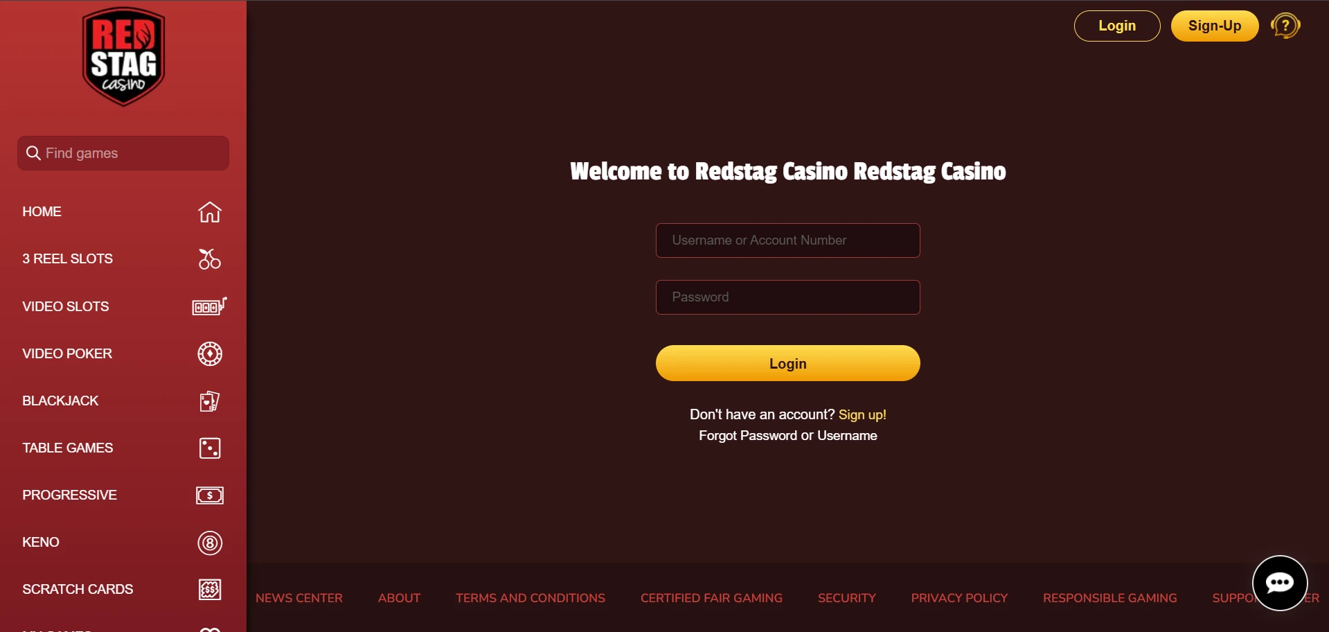 Red Stag Casino login form with Username or Account Number and Password fields and a yellow Login button