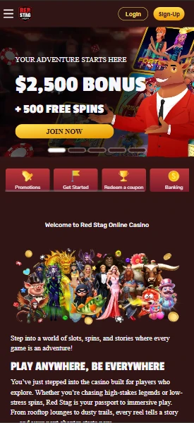 Red Stag Casino mobile home page showing the $2,500 bonus banner, Login and Sign-Up buttons and four quick links