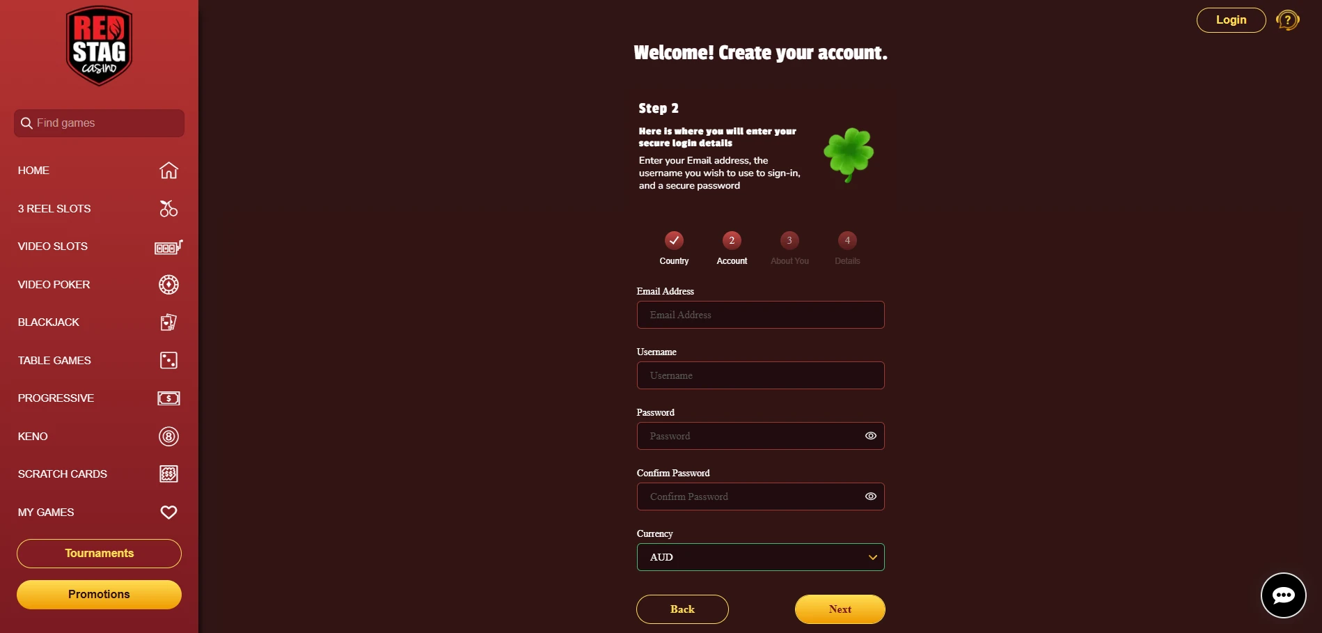 Red Stag Casino registration form at step two with email, username, password and AUD currency